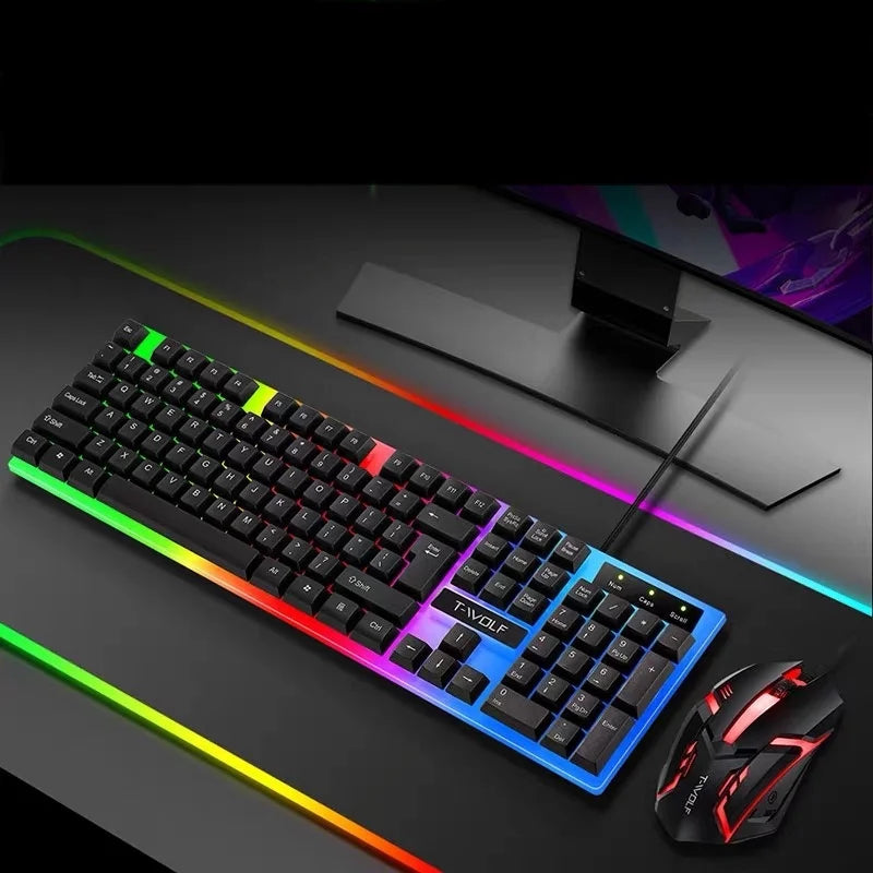 Kit Gamer Teclado Semi-Mecânico com Iluminação RGB + Mouse LED para PC – Conjunto com Conexão USB para Jogos